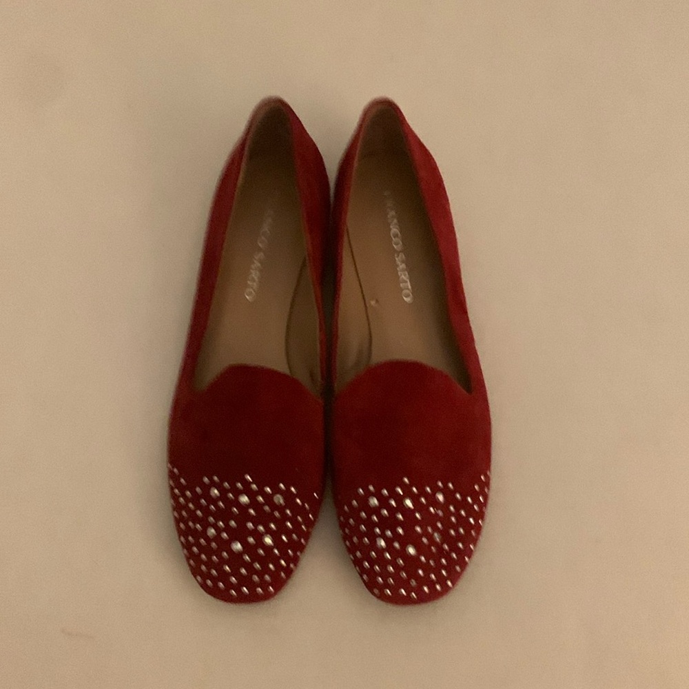 FRANCO SARTO Red Suede Rhinestone Embellished Loafer Shoe 9 USA. VGUC.